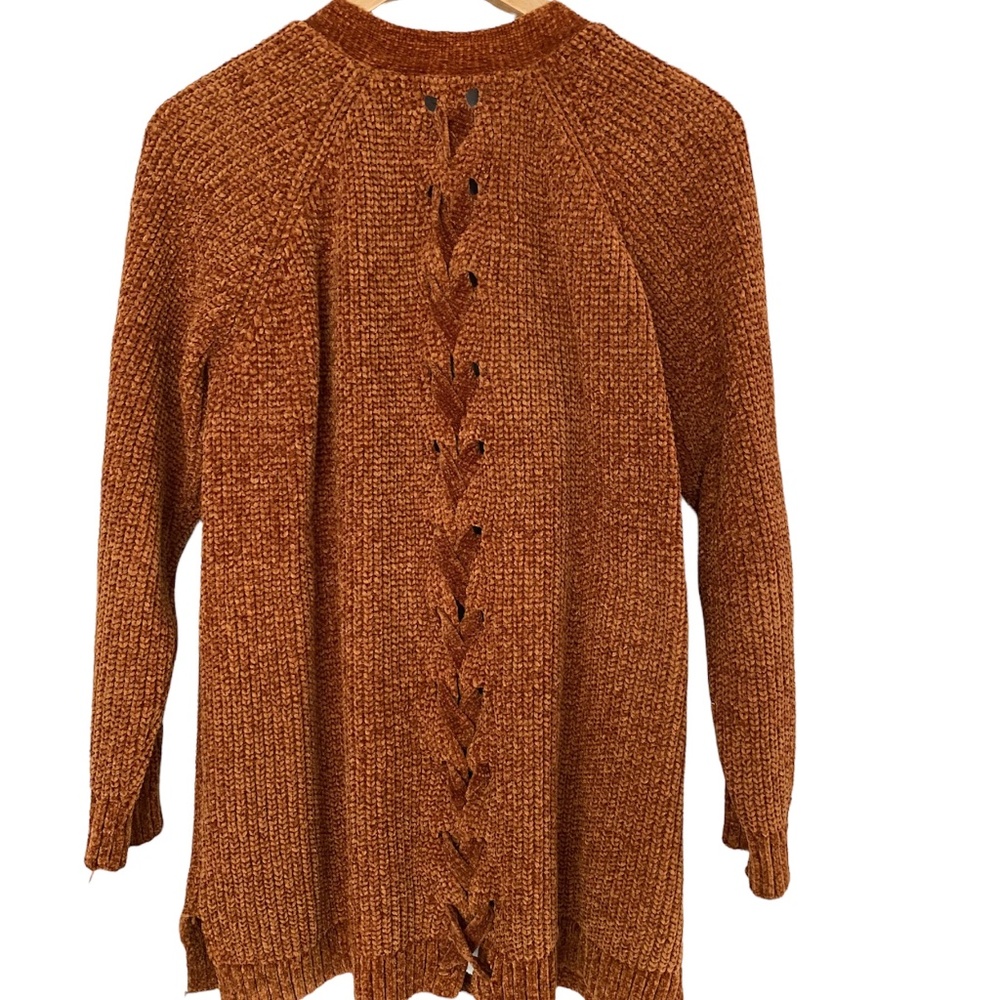 Pink Rose Woman’s Brown Mustard Open Cardigan Sweater Braided Size Large